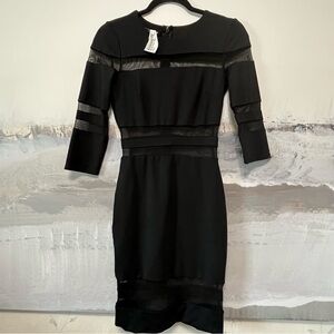 Vtg BEBE Sexy Black Bodycon Mini Dress‎ NWT Sz S/P Sheer Mesh Detail 3/4 Sleeve